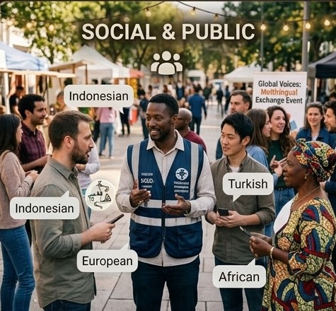 Community members communicating across languages